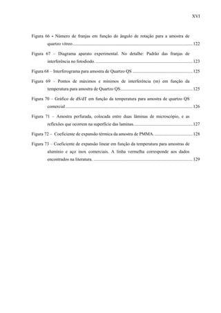 XVI



Figura 66 - Número de franjas em função do ângulo de rotação para a amostra de
          quartzo vítreo............................................................................................................122

Figura 67 – Diagrama aparato experimental. No detalhe: Padrão das franjas de
          interferência no fotodiodo. .......................................................................................123

Figura 68 – Interferograma para amostra de Quartzo QS ......................................................125

Figura 69 – Pontos de máximos e mínimos de interferência (m) em função da
          temperatura para amostra de Quartzo QS.................................................................125

Figura 70 – Gráfico de dS/dT em função da temperatura para amostra de quartzo QS
          comercial ..................................................................................................................126

Figura 71 – Amostra perfurada, colocada entre duas lâminas de microscópio, e as
          reflexões que ocorrem na superfície das laminas.....................................................127

Figura 72 – Coeficiente de expansão térmica da amostra de PMMA. ..................................128

Figura 73 – Coeficiente de expansão linear em função da temperatura para amostras de
          alumínio e aço inox comerciais. A linha vermelha corresponde aos dados
          encontrados na literatura. .........................................................................................129
 
