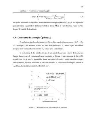 50

        Capítulo 4 – Técnicas de Caracterização

                                            ⎡                       1 − g HG
                                                                          2
                                                                                      ⎤
                                 I (θ ) = A ⎢b + (1 − θ )                           32⎥
                                                                                                                             (4.4)
                                            ⎣             (1 + g HG − 2 g HG cos θ ) ⎦
                                                                 2



na qual o parâmetro b representa o espalhamento isotrópico (Rayleigh), gHG é a componente
que representa a quantidade de luz espalhada a frente (Mie), A é um fator de escala e θ é o
ângulo da medida do fotodiodo.



4.5 - Coeficiente de Absorção Óptica (Ae)

        O coeficiente de absorção óptica (Ae) foi medido usando três espessuras (~0,7, ~1,5 e
~2,5 mm) para cada amostra, usando um laser de argônio em λ = 514nm, cuja a intensidade
do feixe laser foi medida sem amostra (I0) e logo após a amostra (I).

        O coeficiente Ae foi obtido através de um ajuste linear dos valores de ln(I/I0) em
função da espessura l. Um exemplo está mostrado na Figura 13 para amostra de Ca.30.30,
dopada com 5% de Nd2O3. As medidas foram realizadas utilizando 5 potências diferentes para
cada espessura, a fim de minimizar os erros nas medidas. A incerteza estimada para o valor de
Ae obtida através deste método foi de ±0,05 cm-1.


                                -0,2

                                                                                   Ca.30.30 - 5% Nd2O3
                                -0,3
                                                                                                                  -1
                                                                                   Ae=2.30446 cm
                                -0,4
                                                                                   λ = 514nm
                                -0,5
                    ln (I/I0)




                                             [18/12/2007 23:30 "Ca.30.30 Graph"
                                -0,6         Linear Regression for Ca.30.30:
                                             Y=A+B*X

                                -0,7         Parameter            Value Error
                                             ------------------------------------------------------------
                                             A         -0.107857            0.004244
                                -0,8         B         -0.230446            0.002219
                                             ------------------------------------------------------------

                                       0,5                  1,0                1,5                 2,0      2,5        3,0

                                                                    Espessura amostra (mm)



                        Figura 13 – Ajuste linear de ln (I/I0) em função da espessura.
 