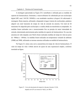 61

        Capítulo 4 – Técnicas de Caracterização

       A montagem apresentada na Figura 20 é semelhante à utilizada para as medidas de
espectro de luminescência. Entretanto, o microvoltímetro foi substituído por um osciloscópio
digital (HP, mod. 54615B, 500MHz) e um modulador mecânico (chopper) foi adicionado à
montagem. Desta maneira, utilizando o disparador (trigger) interno do osciloscópio, pudemos
adquirir um sinal transiente do tempo de vida de emissão da amostra. Um total de 64
transientes foi adquirido pelo osciloscópio e a média obtida era transferida ao computador. As
medidas foram realizadas com o monocromador fixo na posição de maior intensidade de
emissão, determinada anteriormente pelas medidas de espectro de luminescência. No caso das
amostras de vidro dopadas com Nd2O3 foram realizadas medidas de tempo de vida nos picos
de ~900nm e ~1064nm. As medidas foram realizadas em temperaturas variando de ambiente
(300K) até 580K, utilizando as mesmas amostras utilizadas na medida de luminescência.

       Na Figura 21, temos uma curva característica do tempo de vida de luminescência. O
valor do tempo de vida é obtido através do ajuste de uma exponencial simples, conforme
mostrado na figura.

                                    0,15

                                                                         Amostra 1CAS - 0.5%Nd2O3 - 300K
                                    0,14
                                                                         Model: ExpDec1
                                                                         Equation: y = A1*exp(-x/t1) + y0
                                    0,13
                                                                         Chi^2/DoF     = 2.052E-7
                                                                         R^2    = 0.99902
                Intensidade (u.a)




                                    0,12
                                                                         y0      0.08511         ±0.00003
                                                                         A1      0.05854         ±0.00007
                                    0,11                                 t1      0.354           ±0.00089


                                    0,10


                                    0,09


                                    0,08


                                       -0,2    0,0   0,2   0,4   0,6    0,8    1,0     1,2    1,4     1,6   1,8   2,0
                                                                       tempo (ms)



            Figura 21 – Curva de decaimento do tempo de vida para Amostra 1-CAS,
                                           dopada com 0,5% em massa de Nd2O3, em 300 K.
 