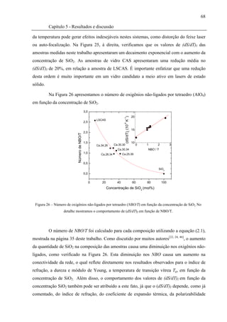 68

          Capítulo 5 - Resultados e discussão

da temperatura pode gerar efeitos indesejáveis nestes sistemas, como distorção do feixe laser
ou auto-focalização. Na Figura 25, à direita, verificamos que os valores de (dS/dT)I das
amostras medidas neste trabalho apresentaram um decaimento exponencial com o aumento da
concentração de SiO2. As amostras de vidro CAS apresentaram uma redução média no
(dS/dT)I de 20%, em relação a amostra de LSCAS. É importante enfatizar que uma redução
desta ordem é muito importante em um vidro candidato a meio ativo em lasers de estado
sólido.

          Na Figura 26 apresentamos o número de oxigênios não-ligados por tetraedro (AlO4)
em função da concentração de SiO2.
                                             3,0
                                                                                                   20


                                                                                (dS/dT)I (10 K )
                                                                             -1
                                                       LSCAS
                                             2,5
                                                                             -6
                                                                                                   15
                                             2,0
                           Número de NBO/T




                                             1,5                                                   10
                                                       Ca.34.26      Ca.30.30                           0   1     2         3
                                                                       Ca.30.34                             NBO / T
                                             1,0          Ca.28.34          Ca.25.39


                                             0,5
                                                                                                                  SiO2
                                             0,0

                                                   0       20          40                          60       80        100
                                                                Concentração de SiO2 (mol%)



 Figura 26 – Número de oxigênios não-ligados por tetraedro (NBO/T) em função da concentração de SiO2. No
                  detalhe mostramos o comportamento de (dS/dT)I em função de NBO/T.




          O número de NBO/T foi calculado para cada composição utilizando a equação (2.1),
mostrada na página 35 deste trabalho. Como discutido por muitos autores[22, 24, 46], o aumento
da quantidade de SiO2 na composição das amostras causa uma diminuição nos oxigênios não-
ligados, como verificado na Figura 26. Esta diminuição nos NBO causa um aumento na
conectividade da rede, o qual reflete diretamente nos resultados observados para o índice de
refração, a dureza e módulo de Young, a temperatura de transição vítrea Tg, em função da
concentração de SiO2. Além disso, o comportamento dos valores de (dS/dT)I em função da
concentração SiO2 também pode ser atribuído a este fato, já que o (dS/dT)I depende, como já
comentado, do índice de refração, do coeficiente de expansão térmica, da polarizabilidade
 