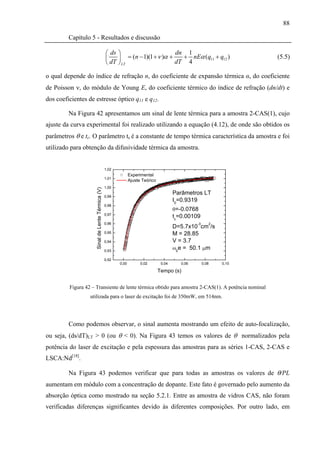88

         Capítulo 5 - Resultados e discussão

                                                  ⎛ ds ⎞                      dn 1
                                                  ⎜    ⎟ = (n − 1)(1 + ν )α +   + nEα (q11 + q12 )                    (5.5)
                                                  ⎝ dT ⎠ LT                   dT 4

o qual depende do índice de refração n, do coeficiente de expansão térmica α, do coeficiente
de Poisson ν, do módulo de Young E, do coeficiente térmico do índice de refração (dn/dt) e
dos coeficientes de estresse óptico q11 e q12.

         Na Figura 42 apresentamos um sinal de lente térmica para a amostra 2-CAS(1), cujo
ajuste da curva experimental foi realizado utilizando a equação (4.12), de onde são obtidos os
parâmetros θ e tc. O parâmetro tc é a constante de tempo térmica característica da amostra e foi
utilizado para obtenção da difusividade térmica da amostra.


                                                  1,02
                                                                Experimental
                                                  1,01
                                                                Ajuste Teórico
                                                  1,00
                     Sinal de Lente Térmica (V)




                                                                                         Parâmetros LT
                                                  0,99
                                                                                         I0=0.9319
                                                  0,98
                                                                                         θ=-0.0768
                                                  0,97
                                                                                         tc=0.00109
                                                  0,96                                             -3      2
                                                                                         D=5.7x10 cm /s
                                                  0,95                                   M = 28.85
                                                  0,94                                   V = 3.7
                                                  0,93
                                                                                         ω0e = 50.1 μm

                                                  0,92
                                                         0,00         0,02        0,04      0,06        0,08   0,10

                                                                                 Tempo (s)


         Figura 42 – Transiente de lente térmica obtido para amostra 2-CAS(1). A potência nominal
                  utilizada para o laser de excitação foi de 350mW, em 514nm.




         Como podemos observar, o sinal aumenta mostrando um efeito de auto-focalização,
ou seja, (ds/dT)LT > 0 (ou θ < 0). Na Figura 43 temos os valores de θ normalizados pela
potência do laser de excitação e pela espessura das amostras para as séries 1-CAS, 2-CAS e
LSCA:Nd[18].

         Na Figura 43 podemos verificar que para todas as amostras os valores de θ/PL
aumentam em módulo com a concentração de dopante. Este fato é governado pelo aumento da
absorção óptica como mostrado na seção 5.2.1. Entre as amostra de vidros CAS, não foram
verificadas diferenças significantes devido às diferentes composições. Por outro lado, em
 