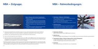 MBA – Zielgruppe.                                                                                                          MBA - Rahmenbedingungen.




                                                              Master of Business Administration-Projektbeispiele:          • Studiendauer, Studienorte, Studienbeginn:
                                                              •	Daimler	 AG:	 Optimierung	 des	 Automobilvertriebs	 auf	     Dauer: 24 Monate (75 Seminartage , 63 Tage Präsenzseminare,
                                                              • Großhandelsebene
                                                                 Größte deutsche private, staatlich anerkannte               12 Tage Web Based Trainings).
                                                                 Business-School
                                                              •	WIRSOL	GmbH:	Die	Evidenz	des	Unternehmenserfolges.	          Orte: Stuttgart, Herrenberg, Berlin, Mailand (1 Woche)
                                                              • Aufbau,	Anwendung	&	Nutzen	eines	systemorientierten	
                                                                 Mit Masterstudiengängen seit 1997 FIBAA-akkreditiert        Auslandsstudie (z.B. China bzw. Brasilien).
                                                              • Managementmodells	in	der	Unternehmensentwicklung
                                                                 Promotionsrecht                                             Beginn: 3-4 Kursstarts pro Jahr (Bewerbungen jederzeit möglich).
                                                              • Teil der Steinbeis-Stiftung des Landes Baden-
                                                              •	BASF	 AG:	 Optimierung	 der	 Markteinführung	 neuer	
                                                                 Württemberg                                               • Prüfungsleistungen:
                                                                Produkte                                                     derzeit 5 Projektstudienarbeiten (à ca. 20 Seiten), 6 Klausuren,
                                                              •	Stölzle-Sahihi-Architekten-Gesellschaft	mbH:	Architek-       6 Transferarbeiten (à ca. 5 Seiten), 1 TDR, (à ca. 10 Seiten),
                                                                turexport	in	den	Nahen	und	Mittleren	Osten                   1 Master Thesis (ca. 80-100 Seiten), Abschlussprüfung.



• Hochmotivierte High Potentials aller Fachrichtungen mit mind. erstem Studienabschluss (Universität, FH, BA oder          • Akademischer Abschluss:
  vergleichbarer Abschluss an einer anderen deutschen / ausländischen Hochschule) mit mind. 210 Credit Points.               Master of Business Administration (MBA) (staatlich anerkannt).
• Mindestens zwei Jahre Berufserfahrung (in Vollzeit, keine Praktika) nach dem Erststudium.
                                                                                                                           • Akkreditierung:
• Gute bis sehr gute Englischkenntnisse erforderlich.                                                                        Der Studiengang MBA in General Management ist durch die FIBAA und durch den deutschen Akkreditierungsrat akkreditiert.
• Nach dem erfolgreich durchlaufenen Auswahlverfahren an der SIBE und dem KODE®-Kompetenz-Test folgen Auswahl und
                                                                                                                           • Programmkosten Master of Business Administration in General Management:
  Vertragsabschluss durch das selbst definierte Unternehmen bzw. eines unserer Partnerunternehmen. Natürlich besteht
                                                                                                                             Es fallen Programmgebühren in Höhe von monatlich 1.100 Euro an.
  die Möglichkeit einer Kooperation mit Ihrem aktuellen Arbeitgeber.
                                                                                                                             Für Rekrutierungsleistungen können weitere Kosten entstehen.
Das Projekt-Kompetenz-Studiums vermittelt praxisorientiertes betriebswirtschaftliches Denken bzw. alle wesentlichen Ma-
nagementfähigkeiten. High Potentials aller Fachrichtungen werden durch das MBA-Studium auf funktionsübergreifende          • Reisekosten:
Führungsaufgaben beziehungsweise auf die Übernahme größerer Führungsverantwortung vorbereitet.                               Fahrt und Übernachtung zu den Studienorten und zur Auslandsstudie.
10                                                                                                                                                                                                                                               11
 