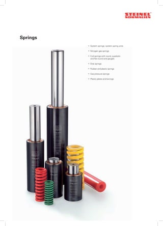 Springs
• System springs, system spring units
• Nitrogen gas springs
• Coil springs with round, quadratic
and ﬂat round wire gauges
• Disk springs
• Rubber and plastic springs
• Gas pressure springs
• Plastic plates and bonings
 