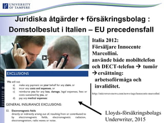 Juridiska åtgärder + försäkringsbolag :
Domstolbeslut i Italien – EU precedensfall
Italia 2012:
Försäljare Innocente
Marcollini.
använde både mobiltelefon
och DECT-telefon  tumör
ersättning:
arbetsoförmåga och
invaliditet.
http://microwavenews.com/news-tags/innocente-marcolini
Lloyds-försäkringsbolags
Underwriter, 2015
 