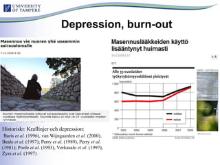 Depression, burn-out
Historiskt: Kraflinjer och depression:
Baris et al. (1996), van Wijngaarden et al. (2000),
Beale et al. (1997); Perry et al. (1989), Perry et al.
(1981); Poole et al. (1993), Verkasalo et al. (1997),
Zyss et al. (1997)
 