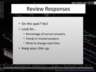 Review Responses
• On the spot? Yes!
• Look for…
• Percentage of correct answers.
• Trends in missed answers.
• What to ch...