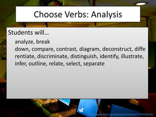Choose Verbs: Analysis
Students will…
  analyze, break
  down, compare, contrast, diagram, deconstruct, diffe
  rentiate, discriminate, distinguish, identify, illustrate,
  infer, outline, relate, select, separate




                                  http://www.flickr.com/photos/billselak/2709756134/
 