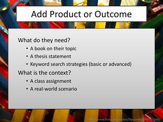 Add Product or Outcome

What do they need?
   • A book on their topic
   • A thesis statement
   • Keyword search strategies (basic or advanced)
What is the context?
   • A class assignment
   • A real-world scenario




                              http://www.flickr.com/photos/fdecomite/2907794565/
 