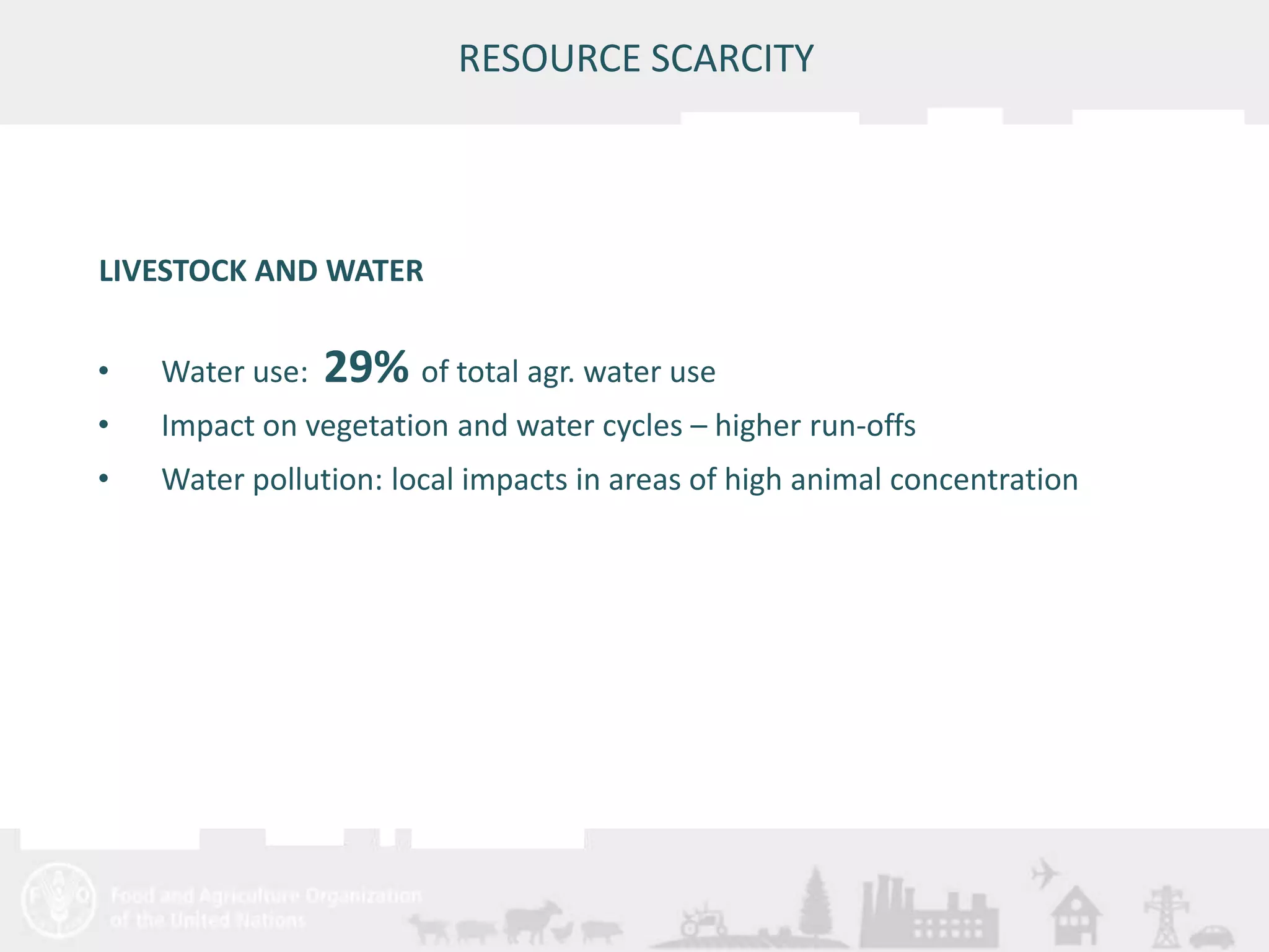 LIVESTOCK AND WATER 
Meeting/Workshop title • place and date 
19 
RESOURCE SCARCITY 
• Water use: 29% of total agr. water use 
• Impact on vegetation and water cycles – higher run-offs 
• Water pollution: local impacts in areas of high animal concentration 
 