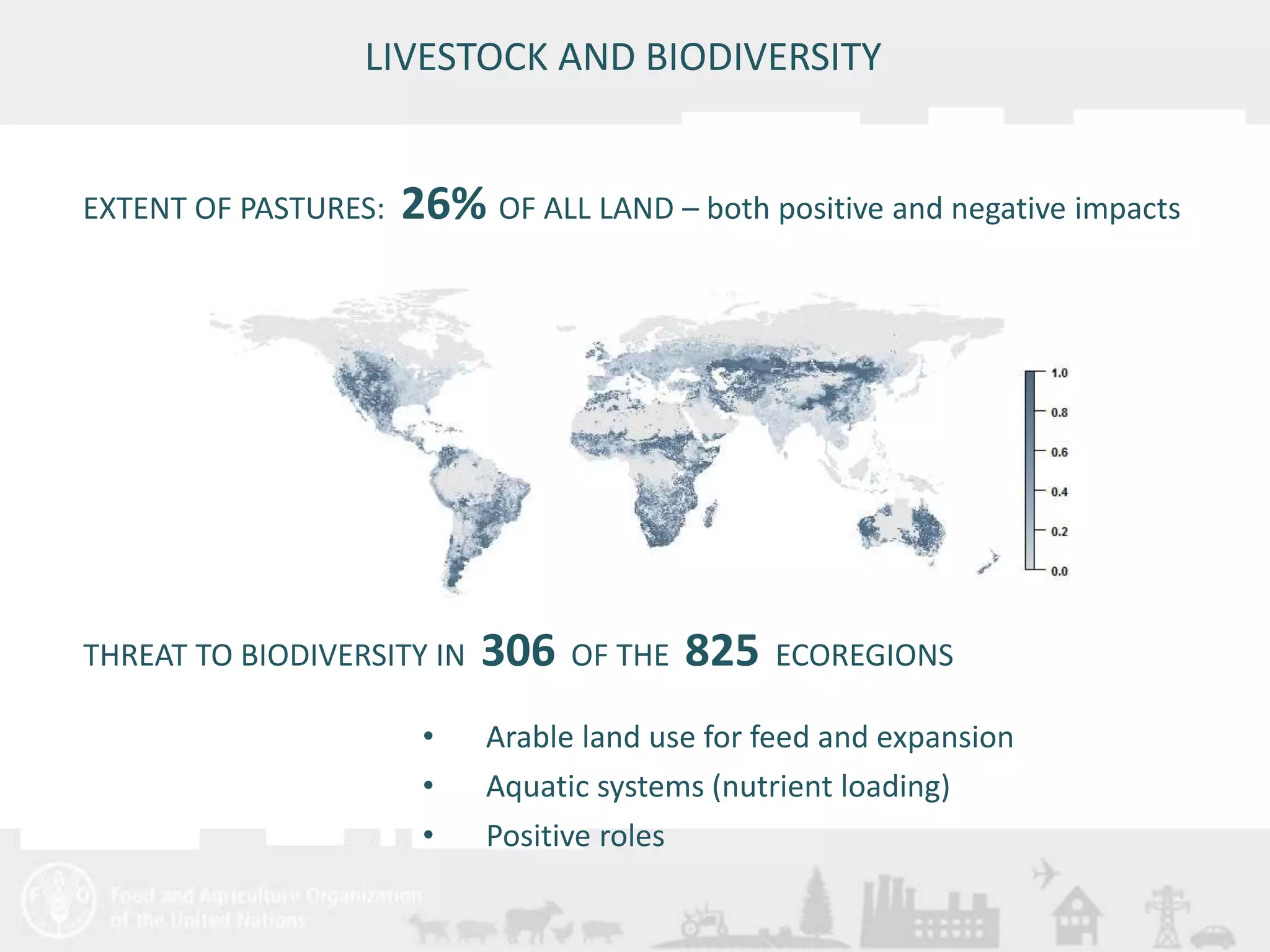 THREAT TO BIODIVERSITY IN 306 OF THE 825 ECOREGIONS 
Meeting/Workshop title • place and date 
20 
LIVESTOCK AND BIODIVERSITY 
EXTENT OF PASTURES: 26% OF ALL LAND – both positive and negative impacts 
• Arable land use for feed and expansion 
• Aquatic systems (nutrient loading) 
• Positive roles 
 