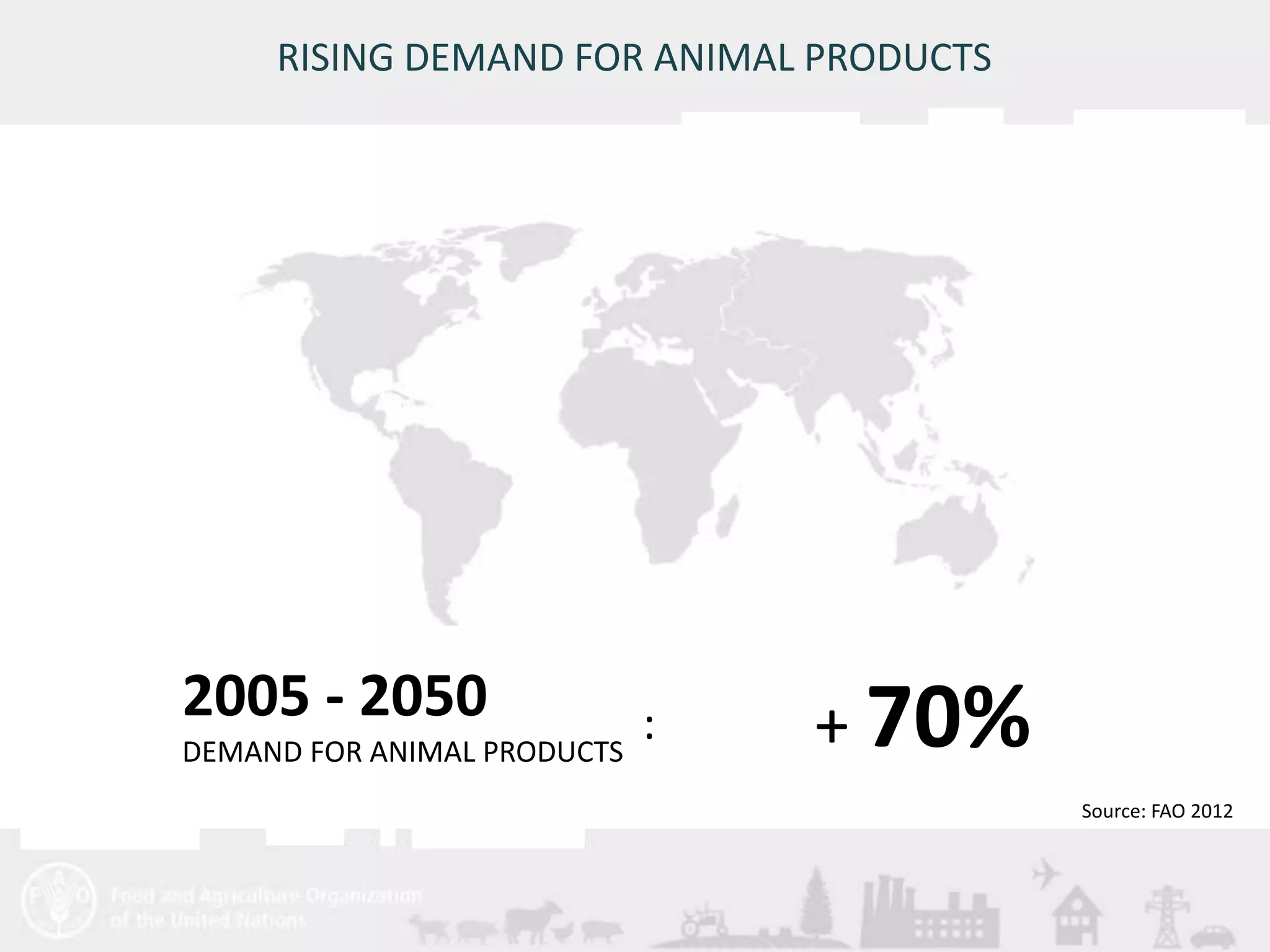 Meeting/Workshop title • place and date 
4 
2005 - 2050 : 
+ 70% 
DEMAND FOR ANIMAL PRODUCTS 
Source: FAO 2012 
RISING DEMAND FOR ANIMAL PRODUCTS 
 