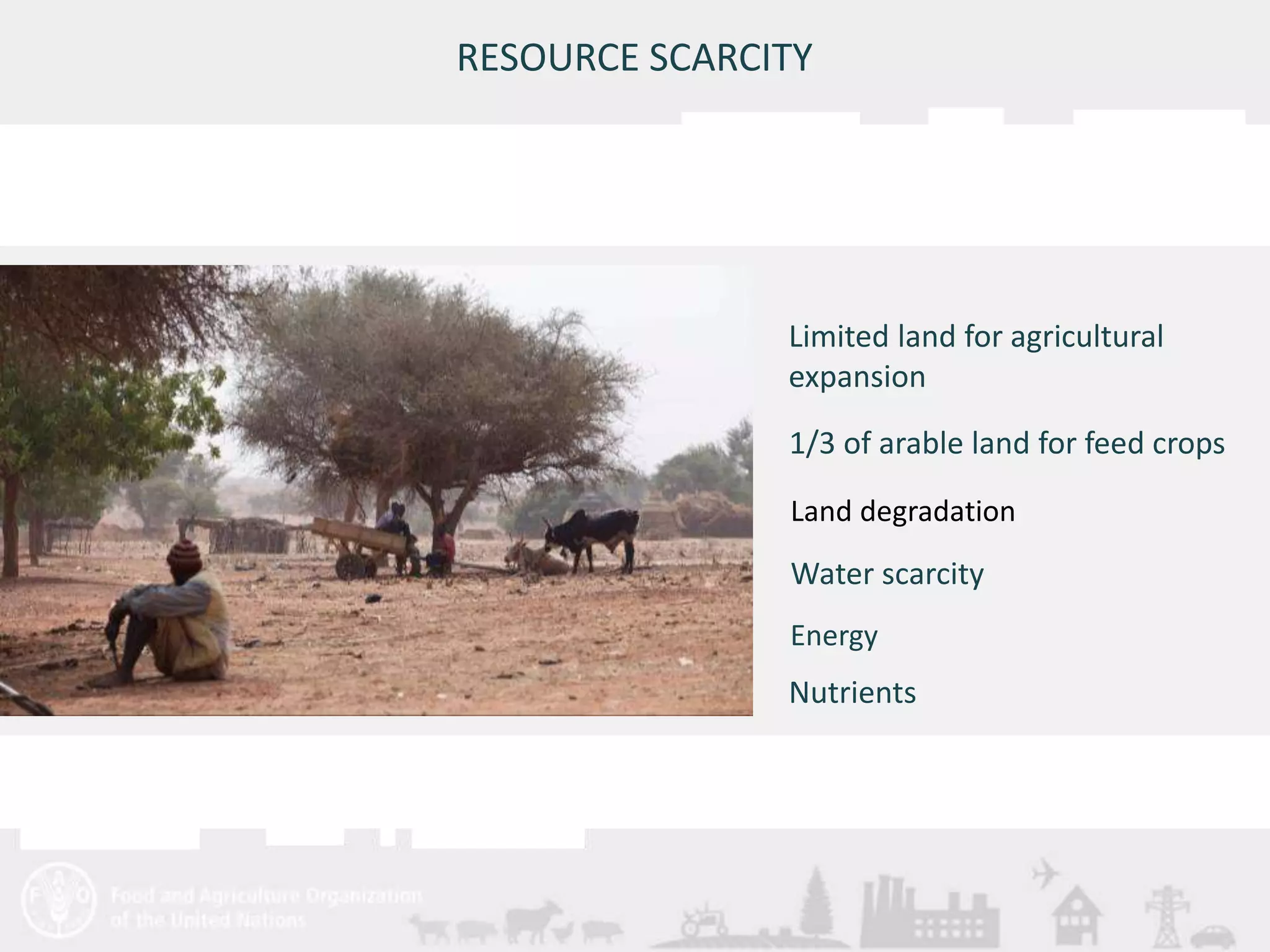 Meeting/Workshop title • place and date 
7 
RESOURCE SCARCITY 
Limited land for agricultural 
expansion 
1/3 of arable land for feed crops 
Land degradation 
Water scarcity 
Energy 
Nutrients 
 