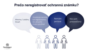 Prečo neregistrovať ochrannú známku?
Označenie nemôže
byť registrovanou
OZ, ale ja ho
chcem používať
Miestny / Lokálny
Dosah
Nemám
peniaze
Nie som
presvedčený
 