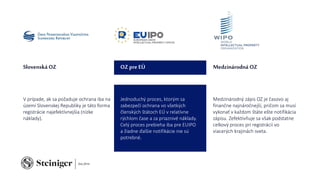 SlovenskáOZ OZ pre EÚ Medzinárodná OZ
V prípade, ak sa požaduje ochrana iba na
území Slovenskej Republiky je táto forma
registrácie najefektívnejšia (nízke
náklady).
Jednoduchý proces, ktorým sa
zabezpečí ochrana vo všetkých
členských štátoch EÚ v relatívne
rýchlom čase a za priaznivé náklady.
Celý proces prebieha iba pre EUIPO
a žiadne ďalšie notifikácie nie sú
potrebné.
Medzinárodný zápis OZ je časovo aj
finančne najnáročnejší, pričom sa musí
vykonať v každom štáte ešte notifikácia
zápisu. Zefektívňuje sa však podstatne
celkový proces pri registrácii vo
viacerých krajinách sveta.
 