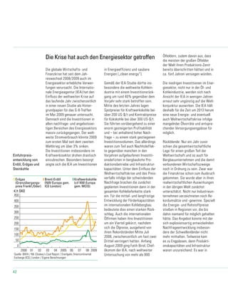 42
Einfuhrpreis-
entwicklung von
Erdöl, Erdgas und
Steinkohle
0
50
100
200
150
250
350
300
400
450
Quelle: BAFA / Mc Closkey's Coal Report / Enerlgate /Intercontinental
Exchange (ICE), London / Eigene Berechnungen
€/t SKE
2005040302012000 07 08 2009
neu_04-1_2009 17.09.2009
Preisentwicklungen für Kraftwerkskohle, Erdgas und Erdöl
06
Erdgas
(Grenzübergangs-
preis Frankf./Oder)
Brent-Erdöl
(NW-Europa gem.
ICE London)
Kraftwerkskohle
(cif NW-Europa
gem. MCIS)
Ölfeldern, zudem davon aus, dass
die meisten der großen Ölfelder
der Welt ihren Produktions-Zenit
bereits überschritten hätten und in
ca. fünf Jahren versiegen würden.
Die niedrigen Investitionen im Ener-
giesektor, nicht nur in der Öl- und
Kohleindustrie, werden sich nach
Ansicht der IEA in wenigen Jahren
erneut sehr ungünstig auf die Welt-
konjunktur auswirken. Die IEA hält
deshalb für die Zeit um 2013 herum
eine neue Energie- und eventuell
auch Weltwirtschaftskrise infolge
mangelnder Ölvorräte und entspre-
chender Versorgungsengpässe für
möglich.
Rückblende: Nur ein Jahr zuvor
schien die gesamtwirtschaftliche
Lage für einen großen Teil der
Weltwirtschaft und so auch für
Bergbauunternehmen und die damit
verbundenen Wirtschaftszweige
noch in Ordnung zu sein. Zwar war
die Finanzkrise schon zum Ausbruch
gekommen. Sie wurde aber in ihren
realwirtschaftlichen Auswirkungen
in der übrigen Welt zunächst
unterschätzt. Nicht nur Industrieun-
ternehmen verzeichneten noch Re-
kordumsätze und -gewinne. Speziell
die Energie- und Rohstoffpreise
stießen in Regionen vor, die bis
dahin niemand für möglich gehalten
hätte. Das Angebot konnte mit der
sich explosionsartig entwickelnden
Nachfrageentwicklung insbeson-
dere der Schwellenländer nicht
mehr mithalten. Teilweise kam
es zu Engpässen, denn Produkti-
onskapazitäten und Infrastruktur
waren unzureichend: Es war in
Die Krise hat auch den Energiesektor getroffen
Die globale Wirtschafts- und
Finanzkrise hat seit dem Jah-
reswechsel 2008/2009 auch im
Energiesektor erhebliche Verwer-
fungen verursacht. Die Internatio-
nale Energieagentur (IEA) hat den
Einfluss der weltweiten Krise auf
das laufende Jahr zwischenzeitlich
in einer neuen Studie als Hinter-
grundpapier für das G-8-Treffen
im Mai 2009 genauer untersucht.
Demnach sind die Investitionen in
allen nachfrage- und angebotssei-
tigen Bereichen des Energiesektors
massiv zurückgegangen. Der welt-
weite Stromverbrauch könnte 2009
zum ersten Mal seit dem zweiten
Weltkrieg um über 3% sinken.
Die Investitionen insbesondere im
Kraftwerkssektor drohen drastisch
einzubrechen. Besonders besorgt
zeigte sich die IEA um Investitionen
in Energieeffizienz und saubere
Energien („clean energy“).
Gemäß der IEA-Studie dürfte ins-
besondere die weltweite Kohlein-
dustrie mit einem Investitionsrück-
gang um rund 40% gegenüber dem
Vorjahr sehr stark betroffen sein.
Mitte des letzten Jahres lagen
Spotpreise für Kraftwerkskohle bei
über 200 US-$/t und Kontraktpreise
für Kokskohle bei über 300 US-$/t.
Sie führten vorübergehend zu einer
enorm gesteigerten Profitabilität
und – bei anhaltend hoher Nach-
frage – zu einem stark gestiegenen
Investitionsvolumen. Das allerdings
waren zum Teil auch Nachholeffek-
te gegenüber manchen in den
Vorjahren aufgelaufenen Investiti-
onsdefiziten in bergbauliche Pro-
duktionsbetriebe und Infrastruktur-
kapazitäten. Unter dem Einfluss der
Weltwirtschaftskrise und des Preis-
verfalls infolge der schwindenden
Nachfrage brachen die zunächst
geplanten Investitionen dann in der
gesamten Kohlelieferkette stark
ein. Für die mittel- und langfristige
Entwicklung der Förderkapazitäten
im internationalen Kohlebergbau
bedeutete dies einen starken Rück-
schlag. Auch die internationalen
Ölfirmen haben ihre Investitionen
um ein Viertel gekürzt, nachdem
sich die Ölpreise, ausgehend von
ihren Rekordständen Mitte Juli
2008, zwischenzeitlich um fast zwei
Drittel verringert hatten. Anfang
August 2009 ging Fatih Birol, Chef-
ökonom der IEA, nach weltweiter
Untersuchung von mehr als 800
 