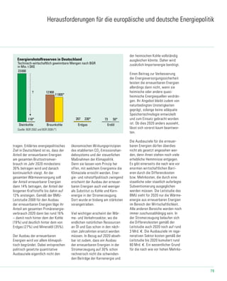 79
neu_13-2_2009 05.10.2009
Technisch-wirtschaftlich gewinnbare Mengen nach BGR
in Mio. t SKE
Energierohstoffreserven in Deutschland
Quelle: BGR 2002 und BGR 2008 (*)
23000
12900?
11800*
267118* 230* 73 50*
Steinkohle Erdgas ErdölBraunkohle
Herausforderungen für die europäische und deutsche Energiepolitik
tragen. Erklärtes energiepolitisches
Ziel in Deutschland ist es, dass der
Anteil der erneuerbaren Energien
am gesamten Bruttostromver-
brauch im Jahr 2020 mindestens
30% betragen wird und danach
kontinuierlich steigt. An der
gesamten Wärmeversorgung soll
der Anteil erneuerbarer Energien
dann 14% betragen, der Anteil der
biogenen Kraftstoffe bis dahin auf
12% ansteigen. Gemäß der BMU-
Leitstudie 2008 für den Ausbau
der erneuerbaren Energien läge ihr
Anteil am gesamten Primärenergie-
verbrauch 2020 dann bei rund 16%
– damit noch hinter dem der Kohle
(19%) und deutlich hinter dem von
Erdgas (27%) und Mineralöl (35%).
Der Ausbau der erneuerbaren
Energien wird vor allem klimapoli-
tisch begründet. Dabei entsprechen
politisch gesetzte quantitative
Ausbauziele eigentlich nicht den
ökonomischen Wirkungsprinzipien
des etablierten CO2
-Emissionshan-
delssystems und der steuerlichen
Maßnahmen der Klimapolitik.
Denn sie lassen vom Prinzip her
offen, mit welchem Energiemix die
Klimaziele erreicht werden. Ener-
gie- und rohstoffpolitisch zwingend
erscheint der Ausbau der erneuer-
baren Energien auch viel weniger
als Substitut zu Kohle und Kern-
energie in der Stromerzeugung.
Dort wurde er bislang am stärksten
vorangetrieben.
Viel wichtiger erscheint der Wär-
me- und Verkehrssektor, wo die
endlichen natürlichen Ressourcen
an Öl und Gas schon in den näch-
sten Jahrzehnten ersetzt werden
müssen. In Bezug auf 2020 abseh-
bar ist zudem, dass ein Ausbau
der erneuerbaren Energien in der
Stromerzeugung auf 30% schon
rechnerisch nicht die schwinden-
den Beiträge der Kernenergie und
der heimischen Kohle vollständig
ausgleichen könnte. Daher wird
zusätzlich Importenergie benötigt.
Einen Beitrag zur Verbesserung
der Energieversorgungssicherheit
leisten die erneuerbaren Energien
allerdings dann nicht, wenn sie
heimische oder andere quasi-
heimische Energiequellen verdrän-
gen. Ihr Angebot bleibt zudem von
naturbedingten Unstetigkeiten
geprägt, solange keine adäquate
Speichertechnologie entwickelt
und zum Einsatz gebracht worden
ist. Ob dies 2020 anders aussieht,
lässt sich vorerst kaum beantwor-
ten.
Die Ausbauziele für die erneuer-
baren Energien dürfen überdies
nicht als gesetzt angesehen wer-
den, denn ihnen stehen noch viele
erhebliche Hemmnisse entgegen.
Es gibt einerseits die nach wie vor
enormen wirtschaftlichen Barri-
eren durch die Differenzkosten
bzw. Mehrkosten, die durch eine
staatliche oder staatlich auferlegte
Subventionierung ausgeglichen
werden müssen. Die Leitstudie des
BMU sieht für 2020 nur die Wärme-
energie aus erneuerbaren Energien
im Bereich der Wirtschaftlichkeit.
Alle anderen Bereiche werden noch
immer zuschussabhängig sein. In
der Stromerzeugung belaufen sich
die Differenzkosten gemäß der
Leitstudie auch 2020 noch auf rund
3 Mrd. €. Die Ausbauziele im rege-
nerativen Sektor kosten gemäß der
Leitstudie bis 2020 kumuliert rund
80 Mrd. €. Ein wesentlicher Grund
für die nach wie vor hohen Mehrko-
 