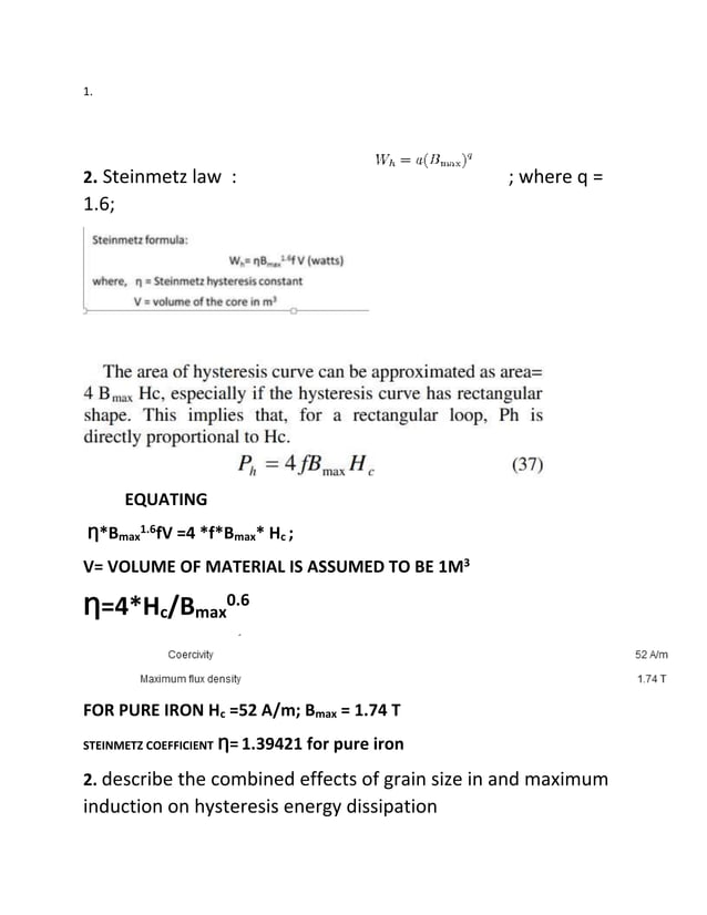 STEINMETZ COEFFICIENT FOR PURE IRON,FLUX DENSITY RELATION WITHGRAIN S…