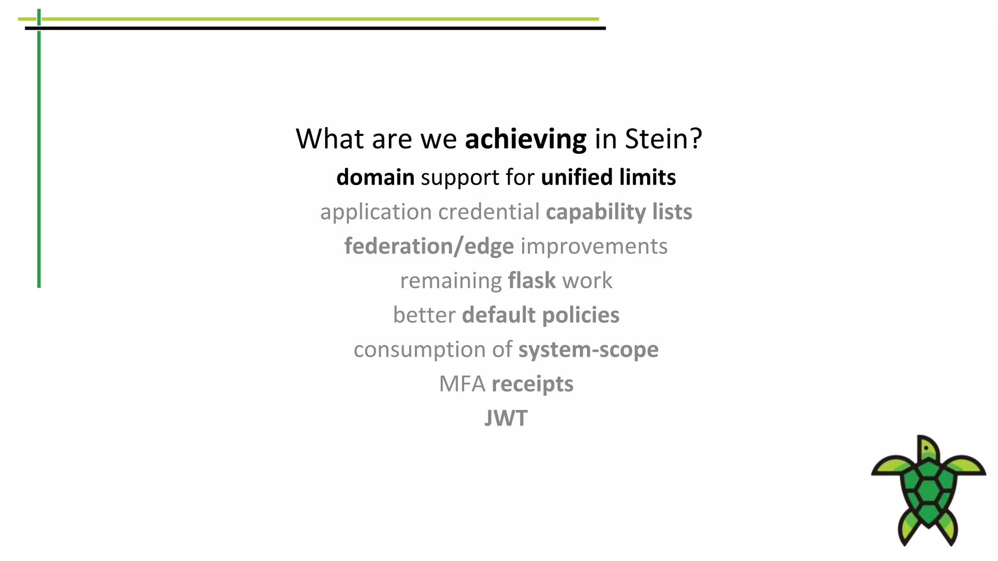 What are we achieving in Stein?
domain support for unified limits
application credential capability lists
federation/edge improvements
remaining flask work
better default policies
consumption of system-scope
MFA receipts
JWT
 