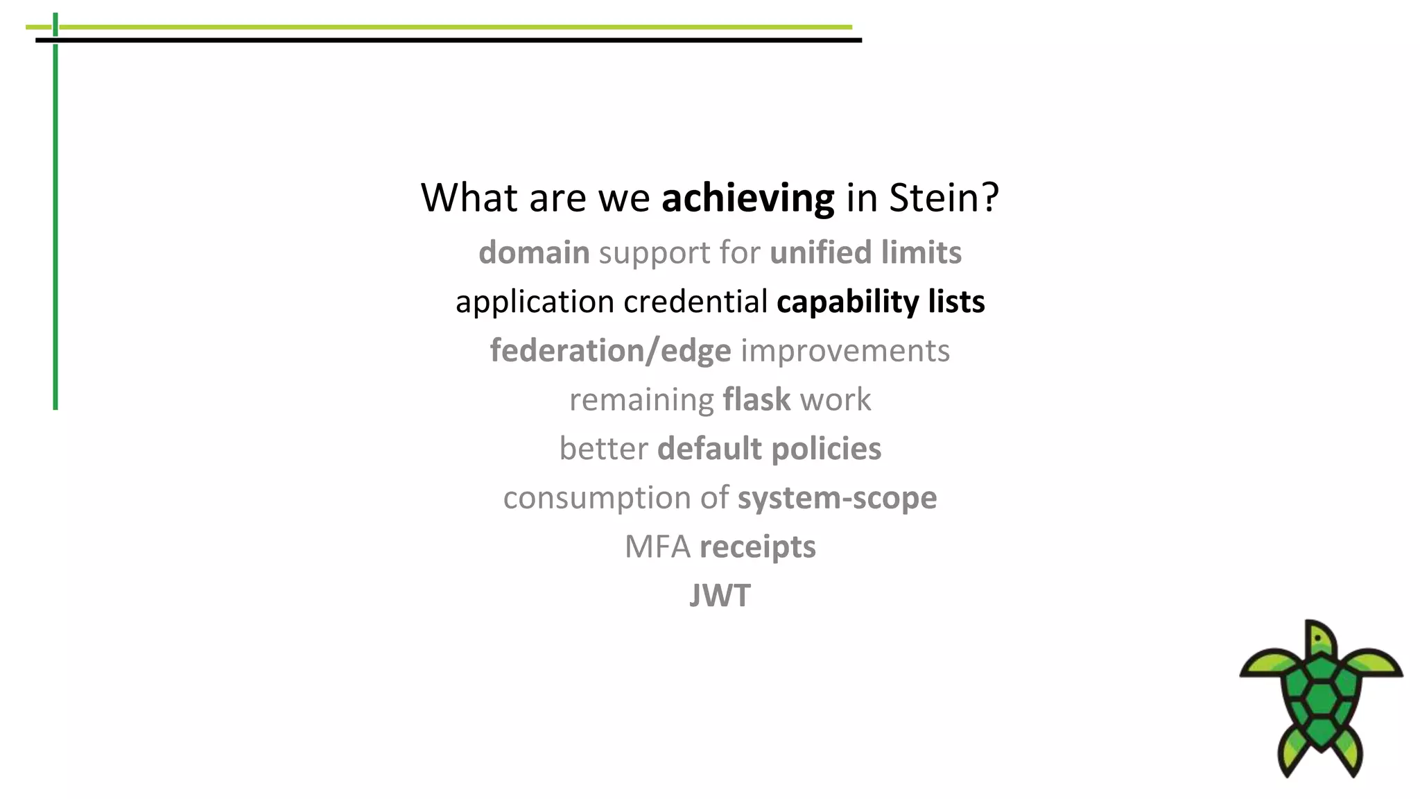 What are we achieving in Stein?
domain support for unified limits
application credential capability lists
federation/edge improvements
remaining flask work
better default policies
consumption of system-scope
MFA receipts
JWT
 