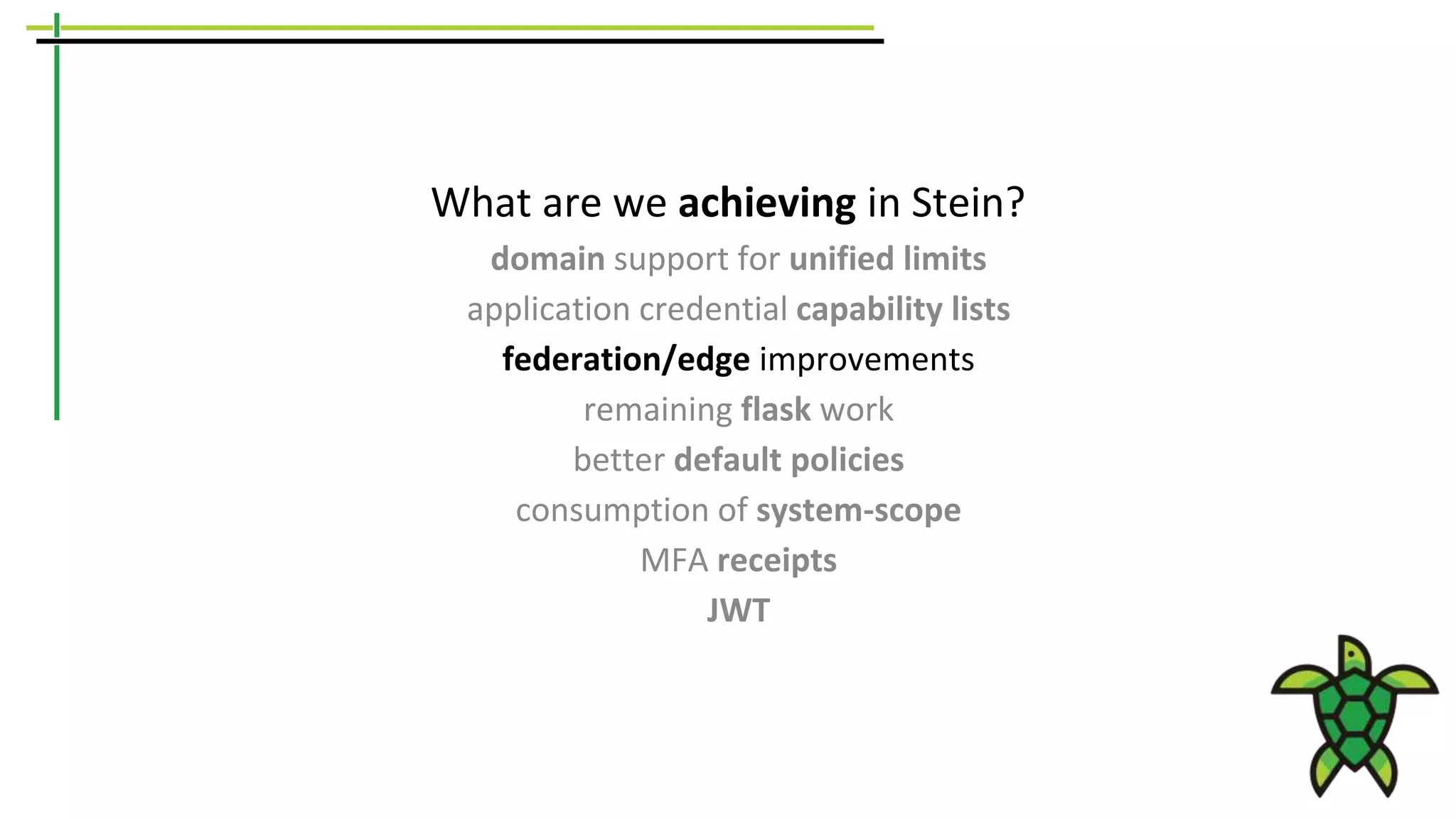 What are we achieving in Stein?
domain support for unified limits
application credential capability lists
federation/edge improvements
remaining flask work
better default policies
consumption of system-scope
MFA receipts
JWT
 