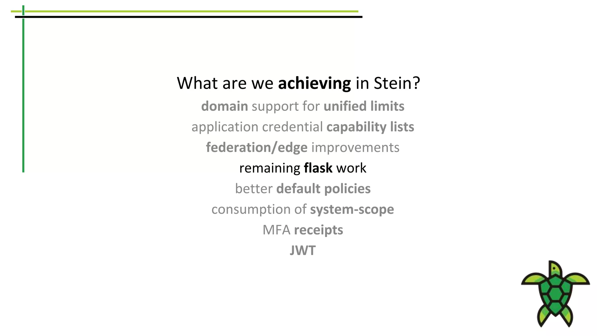 What are we achieving in Stein?
domain support for unified limits
application credential capability lists
federation/edge improvements
remaining flask work
better default policies
consumption of system-scope
MFA receipts
JWT
 