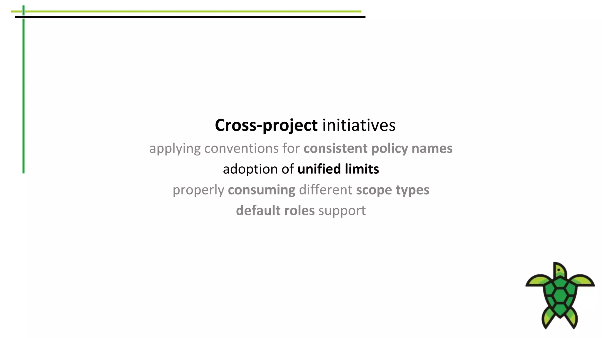 Cross-project initiatives
applying conventions for consistent policy names
adoption of unified limits
properly consuming different scope types
default roles support
 