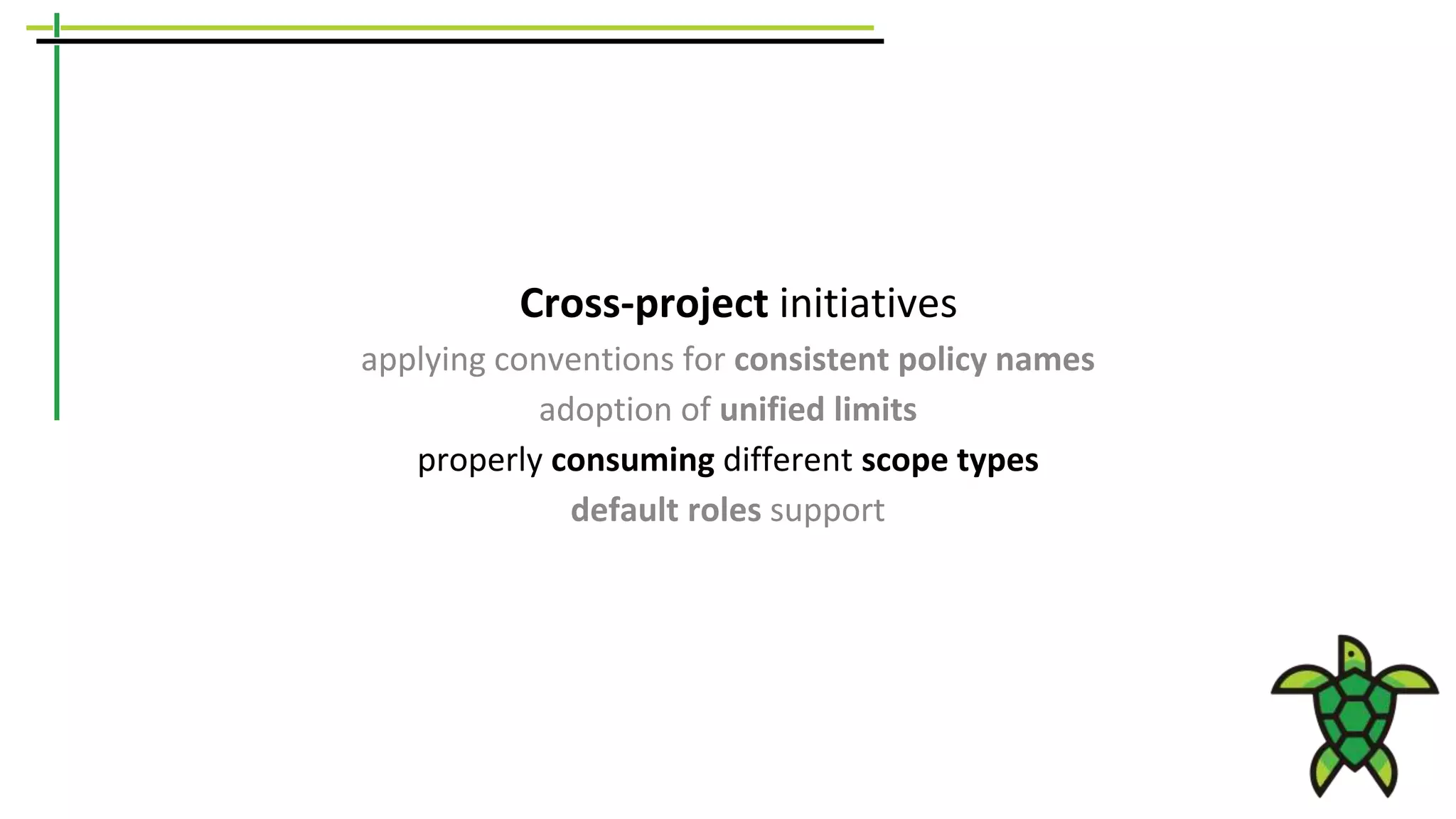 Cross-project initiatives
applying conventions for consistent policy names
adoption of unified limits
properly consuming different scope types
default roles support
 