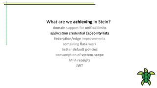 What are we achieving in Stein?
domain support for unified limits
application credential capability lists
federation/edge improvements
remaining flask work
better default policies
consumption of system-scope
MFA receipts
JWT
 