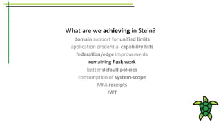 What are we achieving in Stein?
domain support for unified limits
application credential capability lists
federation/edge improvements
remaining flask work
better default policies
consumption of system-scope
MFA receipts
JWT
 