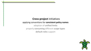 Cross-project initiatives
applying conventions for consistent policy names
adoption of unified limits
properly consuming different scope types
default roles support
 