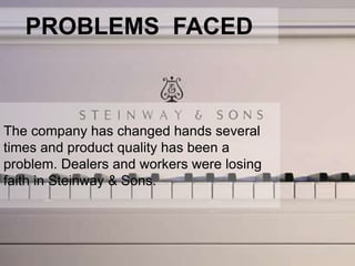 PROBLEMS FACED
The company has changed hands several
times and product quality has been a
problem. Dealers and workers were losing
faith in Steinway & Sons.
 