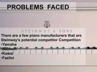 PROBLEMS FACED
There are a few piano manufacturers that are
Steinway’s potential competitor Competition
•Yamaha
•Baldwin
•Kawai
•Faziloi
 
