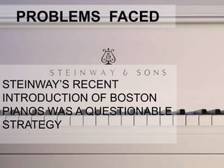 PROBLEMS FACED
STEINWAY’S RECENT
INTRODUCTION OF BOSTON
PIANOS WAS A QUESTIONABLE
STRATEGY
 