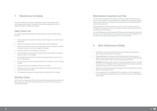 16 17
7.	 Maintenance Schedule
The hoist is designed for minimum maintenance, however, some safety checks
and procedures are required. A schedule of daily tasks is detailed below. A list of
replacement parts is available upon request.
Daily Check List
It is recommended that the following checks be carried out daily and before using
the hoist.
• 	 Examine slings and sling straps for fraying or other damage. Do not use a sling if it
is damaged.
• 	 Operate the handset to confirm the hoist raises and lowers satisfactorily.
• 	 Confirm the hoist does not give a low-battery alarm when the handset is operated.
If the alarm sounds, do not use it. Charge it immediately.
•	 Check the operation of the emergency stop switch.
•	 The airline tube that connects the hand control to the hoist should not be kinked,
twisted, knotted, cut or damaged.
•	 The brackets that hold the track in place on the ceiling should be secure and not
move or appear loose.
•	 The hoist should not make unusual sounds when it is moved up or down, or along
the track.
•	 Ensure that end stops are installed at each end of the track.
•	 There must not be cuts, dents or sharp edges on the carry-bar hooks that may
damage the straps of the sling.
•	 The carabiner hook should be checked before and after each lift for damage.
Monthly Check
With no one in the sling, check that the hoist moves freely along the entire length of the
track. Should any of the items fail the inspection, do not use the hoist. Contact your
local authorised dealer.
8.	 Other Maintenance Details
• 	 Old batteries: These should be disposed of via the nearest recycling station or
given to personnel authorised by your dealer.
• 	 Cleaning/disinfection: The exterior of the hoist should only be disinfected and
sterilised using isopropyl alcohol. Dampen a cloth with isopropyl alcohol and wipe
down the entire exterior of the hoist including the strap and hooks.
	CAUTION: Take great care to ensure that no liquids get inside the hoist. This hoist
is not drip proof or watertight. Failure to protect the hoist from liquids may result in
damage to the hoist and/or may cause personal injury.
• 	 Storage: The hoist should be stored at temperatures above freezing and at normal
relative humidity (approx. 60%).
• 	 Service agreements: Your dealer will offer the possibility of a service agreement
for the maintenance and regular testing of your hoist. Contact your local dealer for
further details.
Maintenance Inspection and Test
The hoist and its accessories must undergo a thorough inspection at least once per
year. This must be done by an authorised service engineer and in accordance with the
service manual. Repairs and maintenance may only be done by authorised personnel
using original spare parts.
Inspection frequency varies from country to country, so you must check with your
local government agency how often an inspection is required. These checks are to be
completed by a hoist technician.
The LOLER Regulations (Lifting Operation& Lifting Equipment Regulations) dictate that
the hoist must be inspected every six months when being used by an employee. This
includes a carer employed either privately or from the local authority.
 