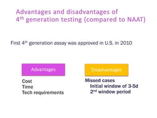 Advantages Disadvantages
Cost
Time
Tech requirements
Missed cases
Initial window of 3-5d
2nd window period
First 4th generation assay was approved in U.S. in 2010
 