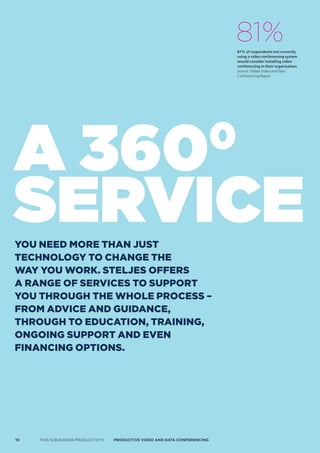 81% 81% of respondents not currently
                                                                                  using a video conferencing system
                                                                                  would consider installing video
                                                                                  conferencing in their organisation.
                                                                                  Source: Steljes Video and Data
                                                                                  Conferencing Report




a 360                                                                         0
service
you need more Than jusT
Technology To change The
way you work. sTeljes offers
a range of services To suPPorT
you Through The whole Process –
from advice and guidance,
Through To educaTion, Training,
ongoing suPPorT and even
financing oPTions.




10   THIS IS BUSINESS PRODUCTIVITY   Productive video ANd dAtA coNFereNciNG
 