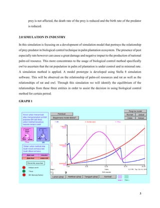 3
prey is not affected, the death rate of the prey is reduced and the birth rate of the predator
is reduced.
2.0 SIMULATION IN INDUSTRY
In this simulation is focusing on a development of simulation model that portrays the relationship
of prey predator in biological control technique in palm plantation ecosystem. The presence of pest
especially rats however can cause a great damage and negative impact to the production of national
palm-oil resource. This more concentrates to the usage of biological control method specifically
owl to ascertain that the rat population in palm oil plantation is under control and in minimal rate.
A simulation method is applied. A model prototype is developed using Stella 8 simulation
software. This will be observed on the relationship of palm-oil resources and rat as well as the
relationships of rat and owl. Through this simulation we will identify the equilibrium of the
relationships from these three entities in order to assist the decision in using biological control
method for certain period.
GRAPH 1
 