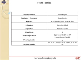 F icha Técnica




   Empreendimento                                   Stella Magna

Realização e Construção                            Grupo Mendes

       Endereço                         R. Rei Alberto I, 363 - Ponta da Praia

      Paisagismo                                  Benedito Abbud

     Arquitetura                                  Roberto Saviello

     Nº de Torres                                         2

 Unidades por Andar                          2 por andar do 19º ao 29º
                                             4 por andar do 4º ao 18º
  Nº de Pavimentos
                                                        26
                                    120 un de 125 m²/ 4 un de 251m²/ 40 un 167
  Total de Unidades                                     m²




                    www.realimoveis.com.br
 