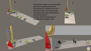 Концепция проекта: воплощение
процесса промышленности
заложенное в самом логотипе -
синергия всех составляющих
производства перетекающие в
движение ввысь -
в виде переплетающихся и
стремящихся вверх труб.
 