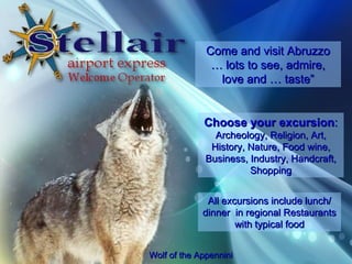 Come and visit Abruzzo  lots to see, admire, love and  taste Wolf of the Appennini Choose your excursion : Archeology, Religion, Art, History, Nature, Food wine, Business, Industry, Handcraft, Shopping All excursions include lunch/ dinner  in regional Restaurants with typical food 