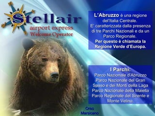 Orso Marsicano LAbruzzo   una regione delItalia Centrale.  E caratterizzata dalla presenza di tre Parchi Nazionali e da un Parco Regionale.  Per questo  chiamata la Regione Verde dEuropa. I Parchi: Parco Nazionale dAbruzzo Parco Nazionale del Gran Sasso e dei Monti della Laga Parco Nazionale della Maiella Parco Regionale del Sirente e Monte Velino. 
