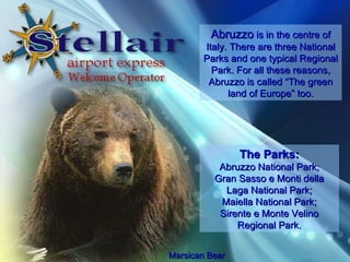 Marsican Bear Abruzzo  is in the centre of Italy. There are three National Parks and one typical Regional Park. For all these reasons, Abruzzo is called The green land of Europe too. The Parks: Abruzzo National Park; Gran Sasso e Monti della Laga National Park; Maiella National Park; Sirente e Monte Velino Regional Park. 
