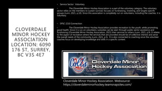 CLOVERDALE
MINOR HOCKEY
ASSOCIATION
LOCATION: 6090
176 ST, SURREY,
BC V3S 4E7
• Service Sector: Voluntary
• The Cloverdale Minor Hockey Association is a part of the voluntary category. The voluntary
sector relies on the members to sustain survival, focuses on fundraising, investing, and targets specific
groups (Lunn, 2021, p.10). Since this association is completely run on volunteers, including the coaches, it is
voluntary.
• SPSC 2210 Connection:
• The Cloverdale Minor Hockey Association provides recreation to the youth, while promoting
good health. Since it is run on volunteers, subsidies can be seen through public sector assistance and
fundraising (Cloverdale Minor Hockey Association, 2021) their services to others (Lunn, 2021, p.9). It relates
to the aspect of recreation where the services that are provided should be of collective interest and serve
the overall needs of the community (Lunn, 2021, p.5). It is also connected to coaching since the volunteer
coaches focus on developing knowledge and skills in a specific context.
Cloverdale Minor Hockey Association. Websource:
https://cloverdaleminorhockey.teamsnapsites.com/
 