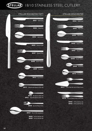 79
18/10 STAINLESS STEEL CUTLERY
TEASPOON
POLISHED
BL20 CDU 24
SMALL TEASPOON
POLISHED
BL21 CDU 24
BUTTER KNIFE
POLISHED
BL22 CDU 24
STEAK KNIFE
POLISHED
BL25 Set of 6
TEASPOONS
POLISHED
BL29 Set of 6
PASTRY FORKS
POLISHED
BL30 Set of 6
CAKE SET
POLISHED
BL31 7 Pce
CAKE SLICE/SERVER
POLISHED
BL32
PASTRY FORKS
POLISHED
BL35 CDU 24
BUTTER KNIFE
POLISHED
BL45 Set of 6
LATTE/SUNDAE SPOON
POLISHED
BL46 Set of 6
LATTE/SUNDAE SPOON
MATT
BM19 CDU 24
TEASPOON
MATT
BM20 CDU 24
SMALL TEASPOON
MATT
BM21 CDU 24
PASTRY FORKS
MATT
BM30 Set of 6
LATTE/SUNDAE SPOON
POLISHED
BL19 CDU 24)
SERVING SPOONS
POLISHED
BL34 Set of 2
PAIR OF SALAD SERVERS
POLISHED
BL40
FISH KNIFE
POLISHED
BL12 Set of 6
SERVING SPOONS
MATT
BM34 Set of 2
 
