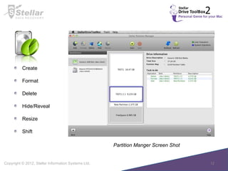 Partition Manger Screen Shot  Create  Format Delete  Hide/Reveal Resize Shift 