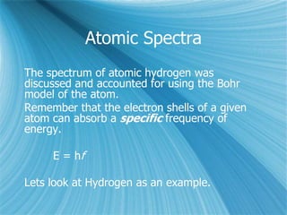 Atomic Spectra
The spectrum of atomic hydrogen was
discussed and accounted for using the Bohr
model of the atom.
Remember that the electron shells of a given
atom can absorb a specific frequency of
energy.
E = hf
Lets look at Hydrogen as an example.
 