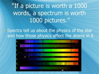 “If a picture is worth a 1000
words, a spectrum is worth
1000 pictures.”
 Spectra tell us about the physics of the star
and how those physics affect the atoms in it
 