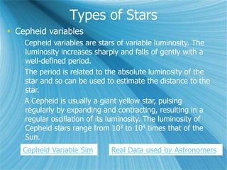 Types of Stars
 Cepheid variables
Cepheid variables are stars of variable luminosity. The
luminosity increases sharply and falls of gently with a
well-defined period.
The period is related to the absolute luminosity of the
star and so can be used to estimate the distance to the
star.
A Cepheid is usually a giant yellow star, pulsing
regularly by expanding and contracting, resulting in a
regular oscillation of its luminosity. The luminosity of
Cepheid stars range from 103 to 104 times that of the
Sun.
Cepheid Variable Sim Real Data used by Astronomers
 