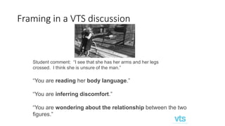 Framing in a VTS discussion
Student comment: “I see that she has her arms and her legs
crossed. I think she is unsure of the man.”
“You are reading her body language.”
“You are inferring discomfort.”
“You are wondering about the relationship between the two
figures.”
 