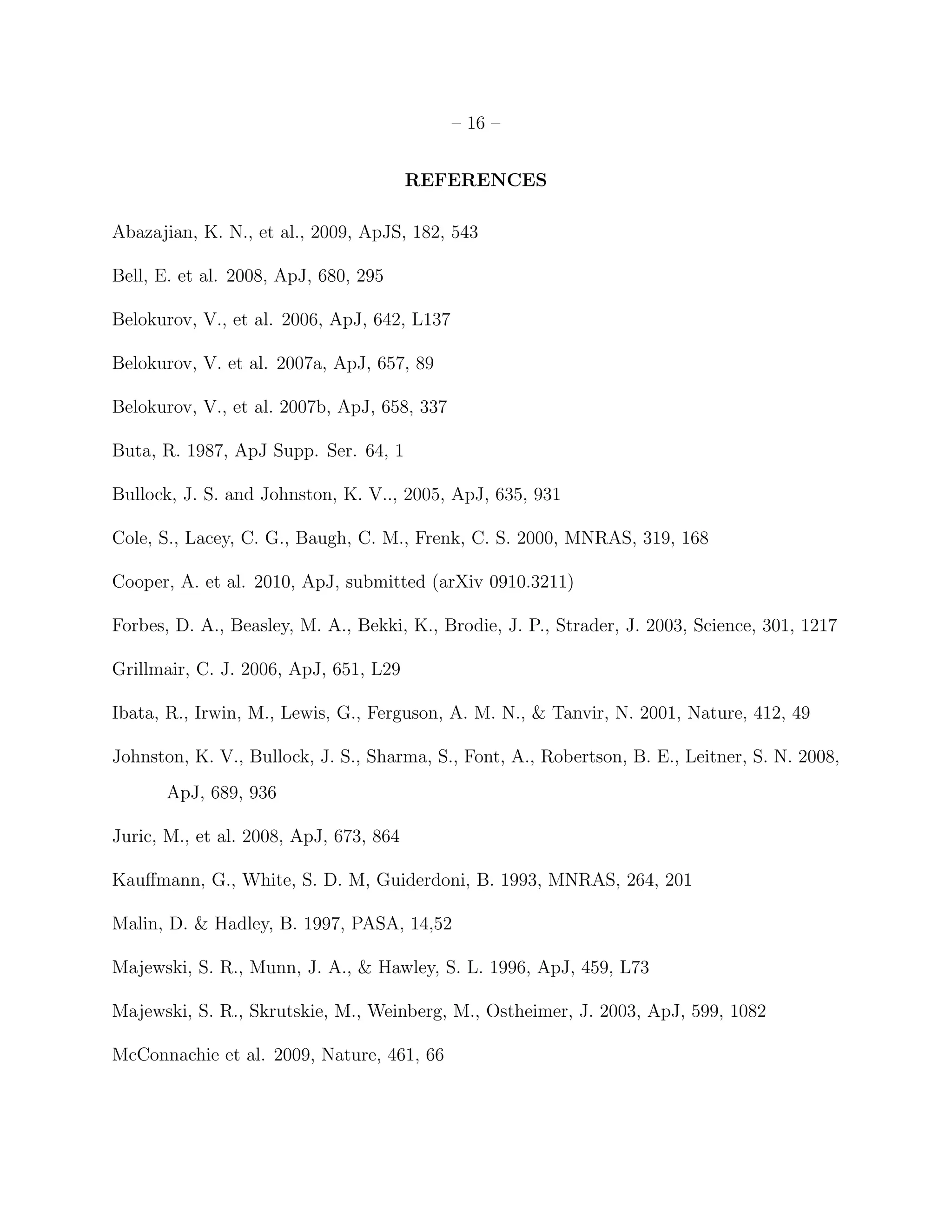 – 16 –
REFERENCES
Abazajian, K. N., et al., 2009, ApJS, 182, 543
Bell, E. et al. 2008, ApJ, 680, 295
Belokurov, V., et al. 2006, ApJ, 642, L137
Belokurov, V. et al. 2007a, ApJ, 657, 89
Belokurov, V., et al. 2007b, ApJ, 658, 337
Buta, R. 1987, ApJ Supp. Ser. 64, 1
Bullock, J. S. and Johnston, K. V.., 2005, ApJ, 635, 931
Cole, S., Lacey, C. G., Baugh, C. M., Frenk, C. S. 2000, MNRAS, 319, 168
Cooper, A. et al. 2010, ApJ, submitted (arXiv 0910.3211)
Forbes, D. A., Beasley, M. A., Bekki, K., Brodie, J. P., Strader, J. 2003, Science, 301, 1217
Grillmair, C. J. 2006, ApJ, 651, L29
Ibata, R., Irwin, M., Lewis, G., Ferguson, A. M. N., & Tanvir, N. 2001, Nature, 412, 49
Johnston, K. V., Bullock, J. S., Sharma, S., Font, A., Robertson, B. E., Leitner, S. N. 2008,
ApJ, 689, 936
Juric, M., et al. 2008, ApJ, 673, 864
Kauﬀmann, G., White, S. D. M, Guiderdoni, B. 1993, MNRAS, 264, 201
Malin, D. & Hadley, B. 1997, PASA, 14,52
Majewski, S. R., Munn, J. A., & Hawley, S. L. 1996, ApJ, 459, L73
Majewski, S. R., Skrutskie, M., Weinberg, M., Ostheimer, J. 2003, ApJ, 599, 1082
McConnachie et al. 2009, Nature, 461, 66
 